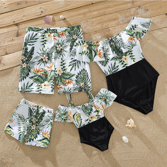 Family Matching Swimsuit - One Piece and Swim Trunks Shorts Plant Printed